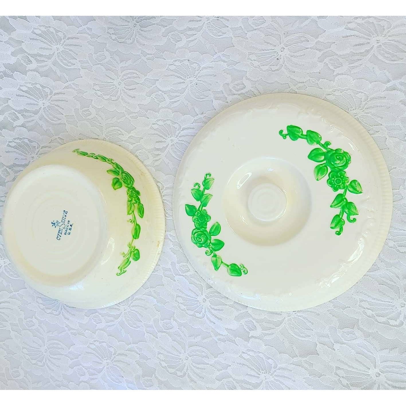 Vintage Homer Laughlin Oven Serve Ivory Covered Casserole Baker Bowl Dish w/lid ~ Green Leaf ~ Beige