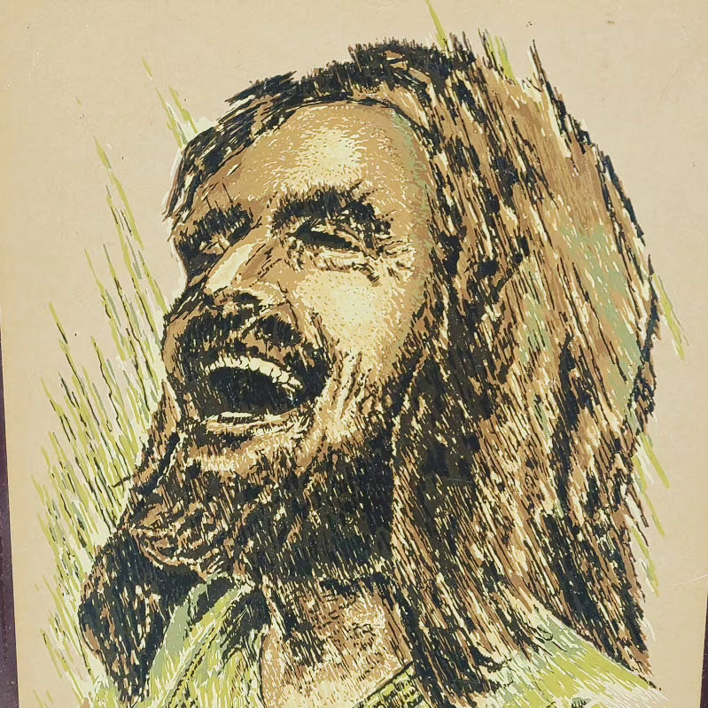SCARY "Laughing Jesus" by Ralph Kozak Plaque ~ Vintage Catholic? Icon Wood Icon ~ Wall Hanging ~ Large 8 by 10"