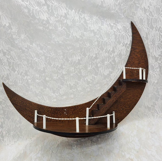 Vintage Crescent Moon Staircase Wood Hanging Shelf Mid Century Atomic Design Perfect Display