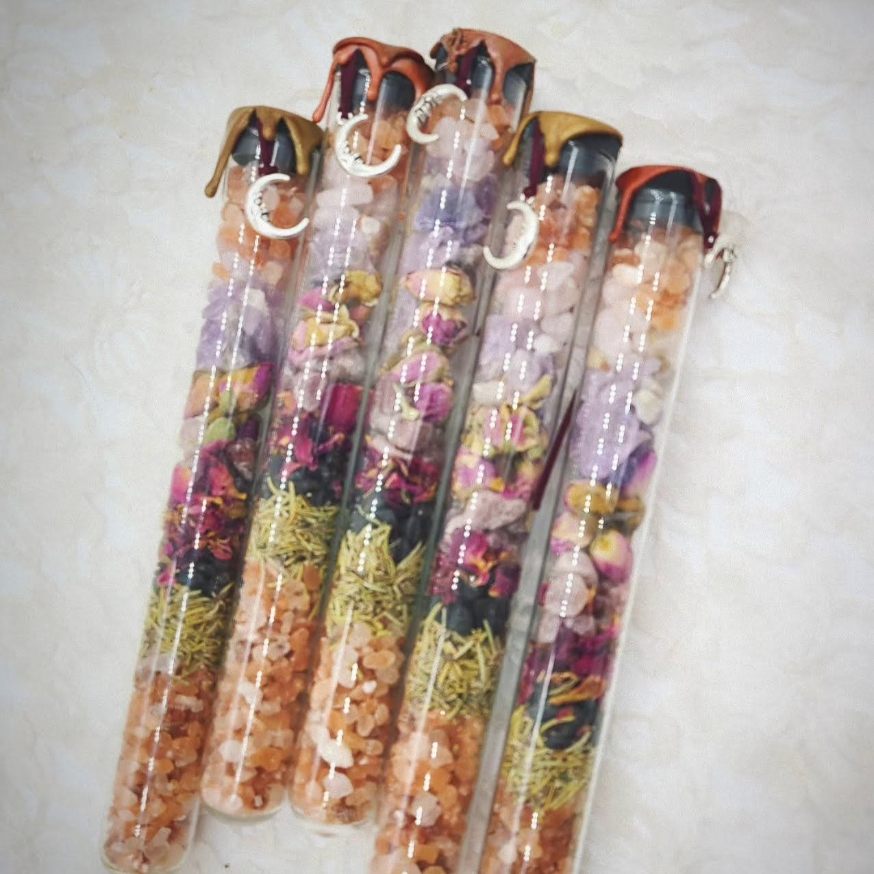 Fall Protection Witch's Spell Jar Tubes ~ Handmade By Me ~ Salt, Black Tourmaline, Rosemary, Rose Petals, Mugwort, Rue, Rose Quartz, Amethyst, and More