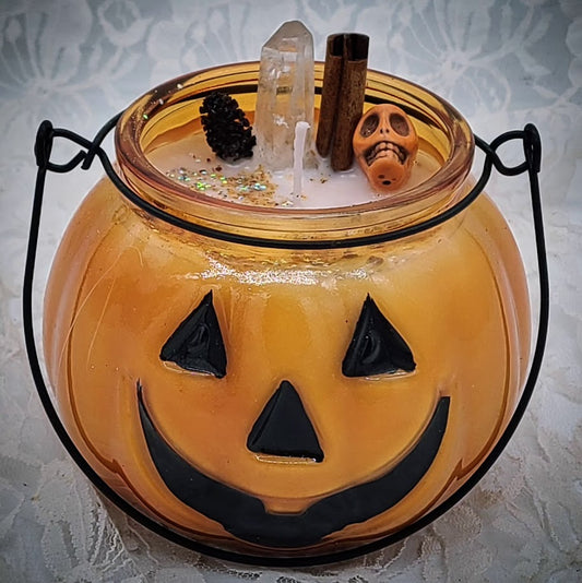 Limited Edition Jack O'Lantern Candles ~ Hand Poured Scented Soy Wax ~ Charged Lemurian Crystal, Birch Cones (Catkins), and Cinnamon ~ Ritual for Samhain