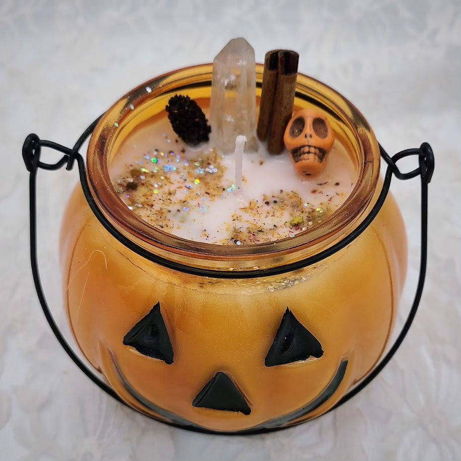 Limited Edition Jack O'Lantern Candles ~ Hand Poured Scented Soy Wax ~ Charged Lemurian Crystal, Birch Cones (Catkins), and Cinnamon ~ Ritual for Samhain