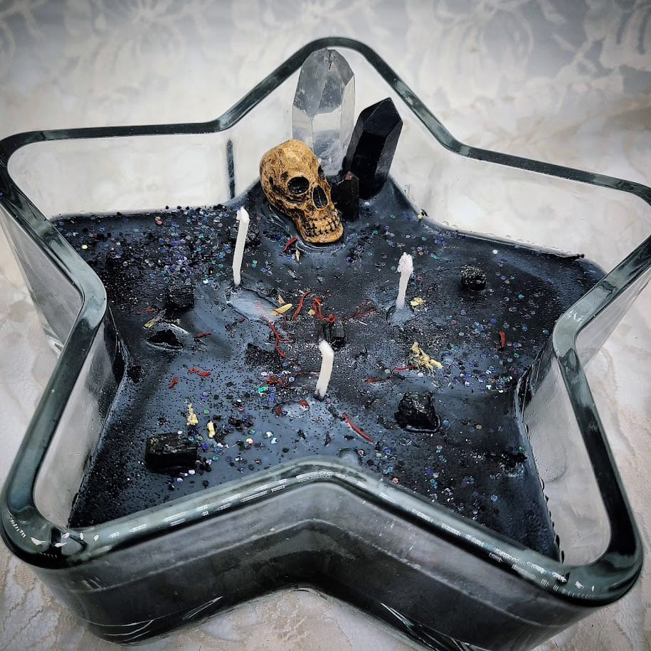 Limited Edition Ancestor Candles ~ BIG Black Wax Star ~ Hand Poured Scented Soy Wax ~ Charged Lemurian and Black Quartz Crystals & Dried Herbs ~ Samhain/Halloween Enchantments