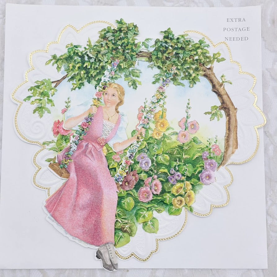 Unique Oversized Victorian Valentines Day Card ~ German Die Cut Replica 3D ~ The Girl Swings ~ Comes with Envelope