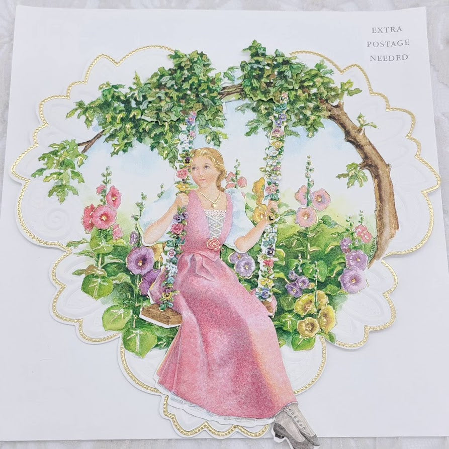 Unique Oversized Victorian Valentines Day Card ~ German Die Cut Replica 3D ~ The Girl Swings ~ Comes with Envelope