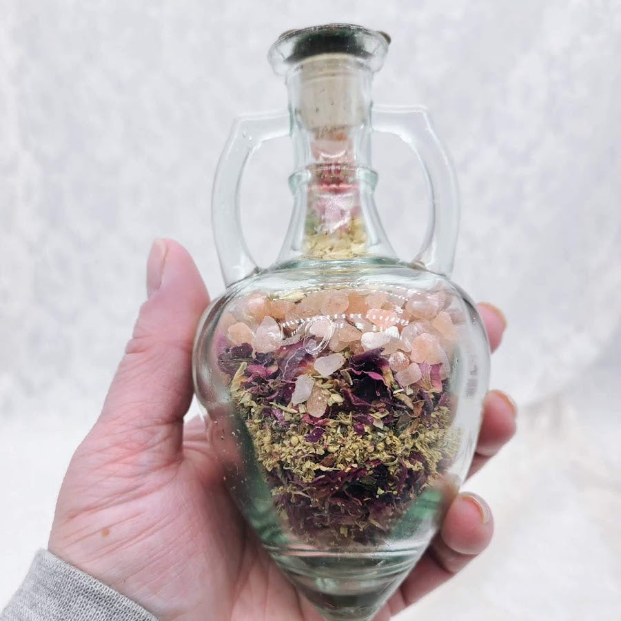 Love Spell Heart Shaped Jar ~ For the Bedroom ~ Rose Petals, Jasmine, Pink Salt, Elderflower, Bee Pollen and MORE ~ Keep in Your Bedroom