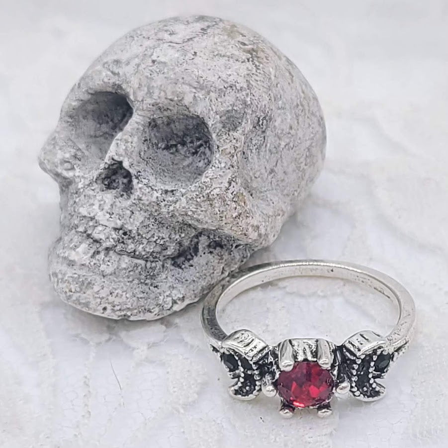 Triple Moon Witch Goddess Ring ~ Blessed by the Georgia Coven ~ Ruby Red Zirconia with Black Onyx Accents ~ Ladies Ring ~ Blessed and Protected~