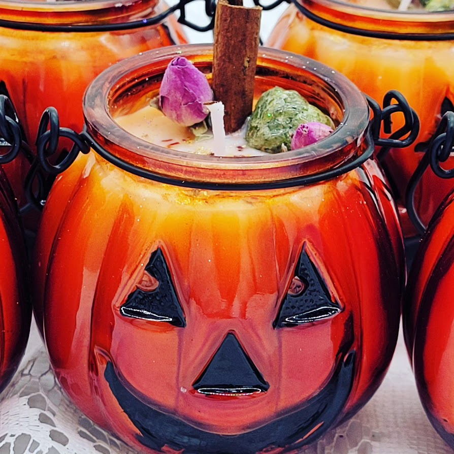 Limited Edition Jack O'Lantern Abundance Candles ~ Hand Poured Scented Soy Wax ~ Cinnamon & Rose ~ Arizona Peridot! REAL GOLD