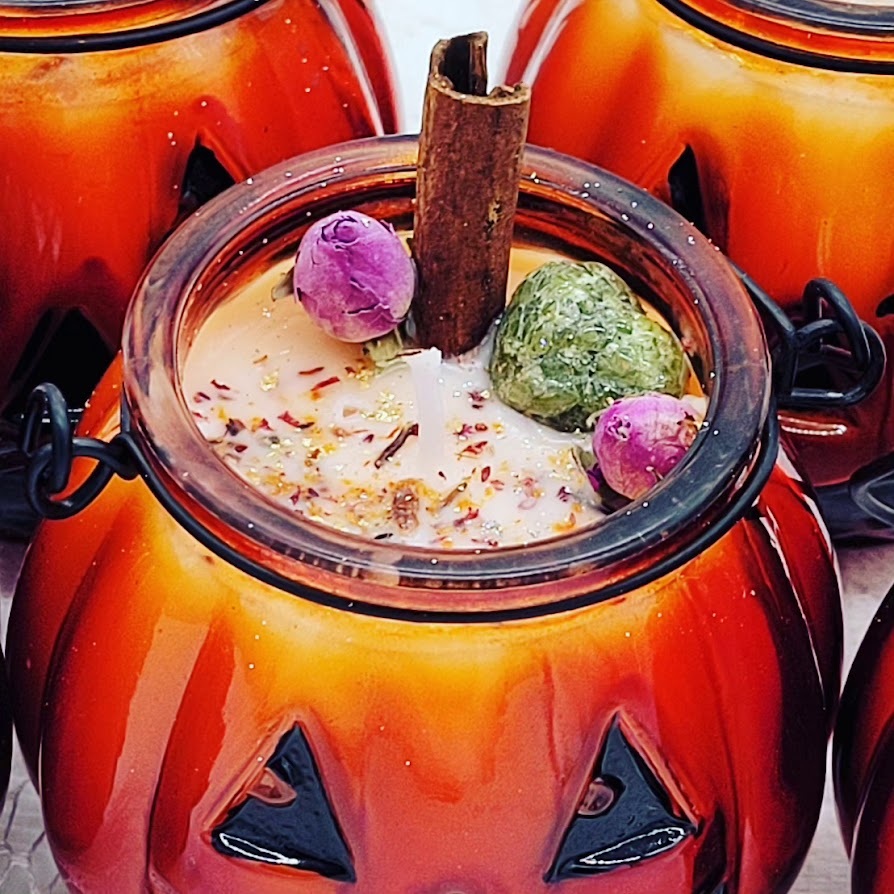 Limited Edition Jack O'Lantern Abundance Candles ~ Hand Poured Scented Soy Wax ~ Cinnamon & Rose ~ Arizona Peridot! REAL GOLD