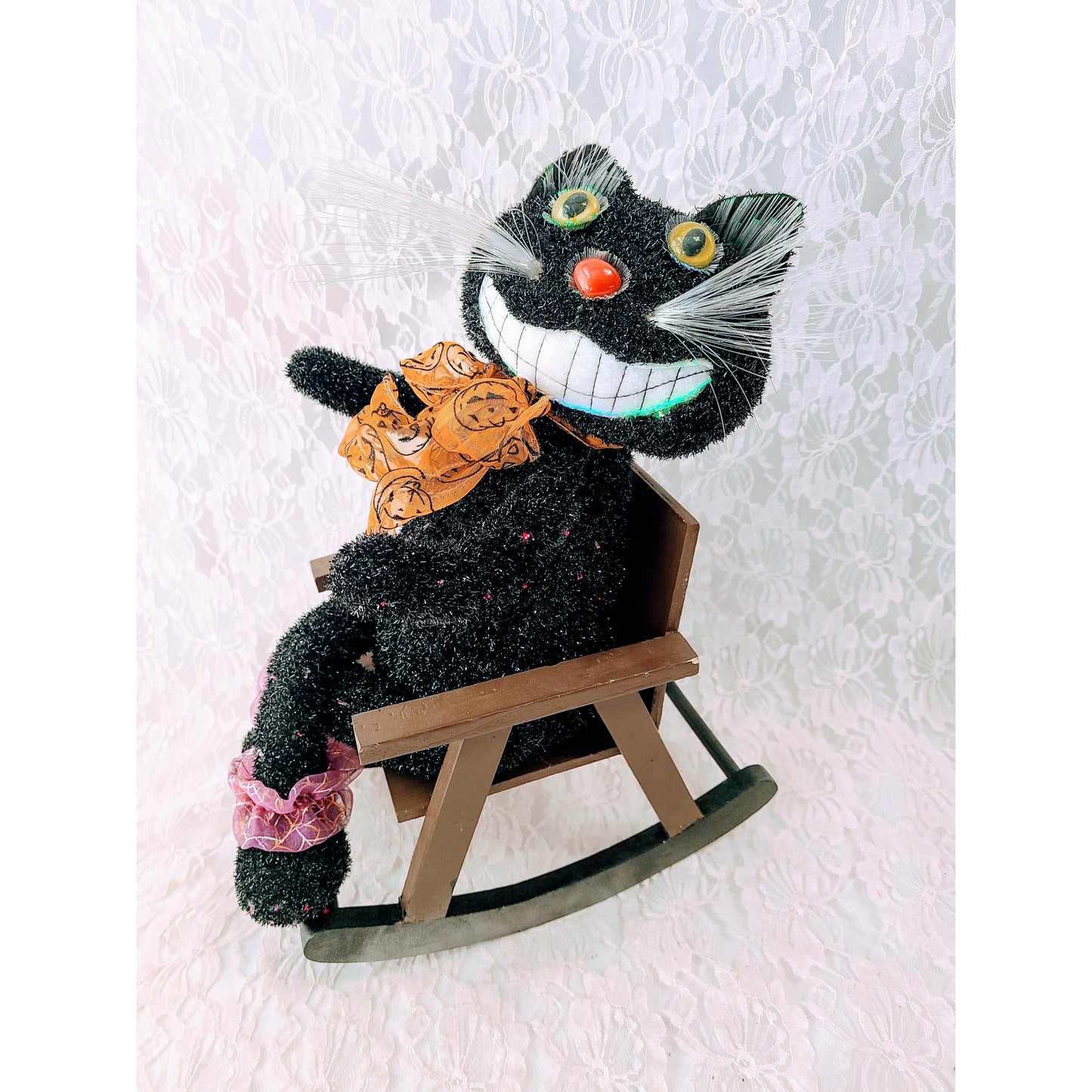 Halloween Fiber Optic Cat on Rocking Chair ~ LIGHTS UP with batteries ~ OOAK Fall Decorations