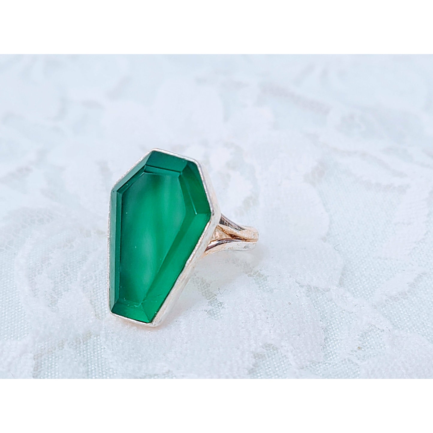Green Onyx Coffin Ring 925 Size 7 Solid Sterling Silver Spooky Gothic Style Ring Crystal Healing Energy