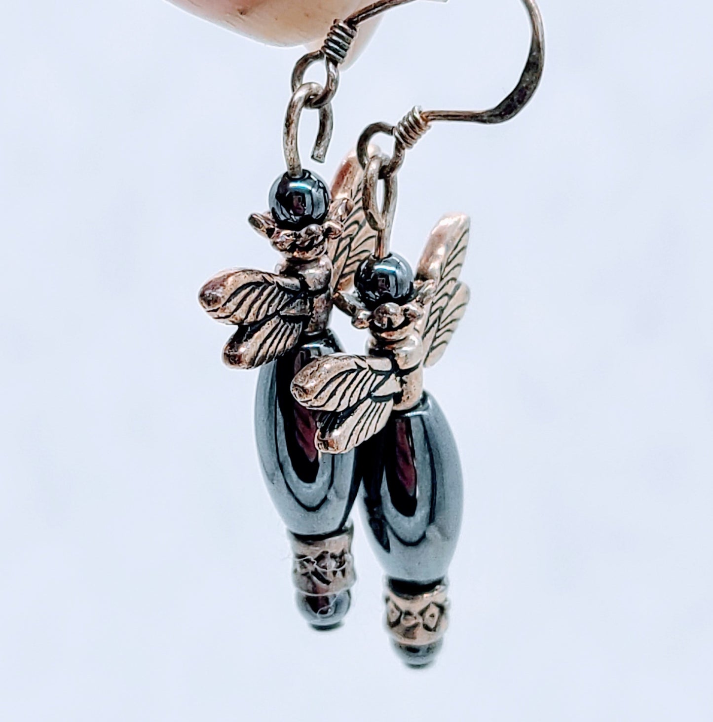 Handmade Hematite Earrings Sterling Silver Beaded Dragonfly Earrings