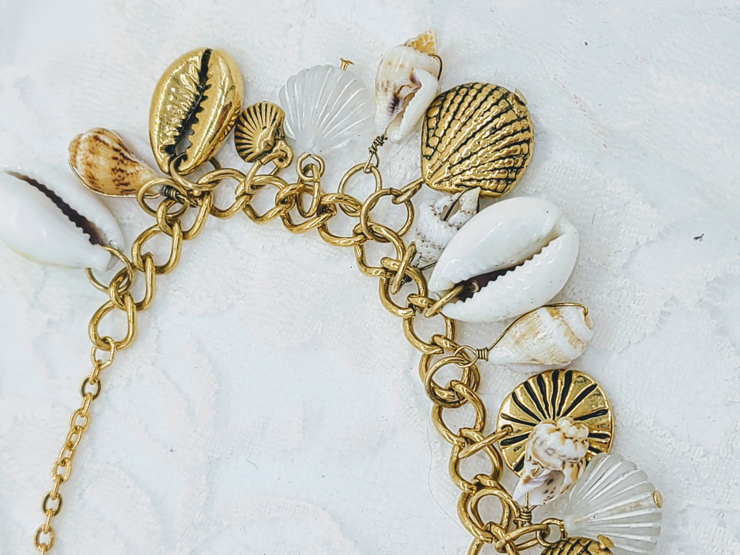 Ocean Dreams Handmade Beaded Charm Bracelet ~ OOAK ~ Authentic Seashells, Czech Glass, and Gold Shell Charms