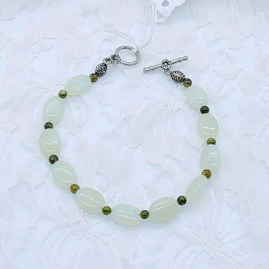 Bracelet Handmade Beaded Jade and Green Aventurine Bracelet ~ Plus size 9" Authentic Gemstones, and Sterling Silver Bracelet