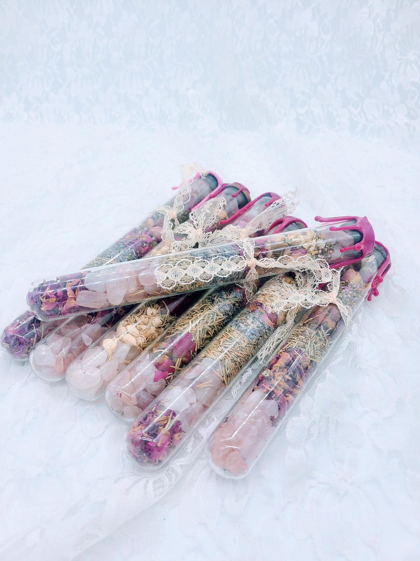 Love Attraction Witches Glass Tube Jars ~ Rose Petals, Jasmine, Lavender, Heather, Rose Quartz and MORE ~ Keep in Your Bedroom