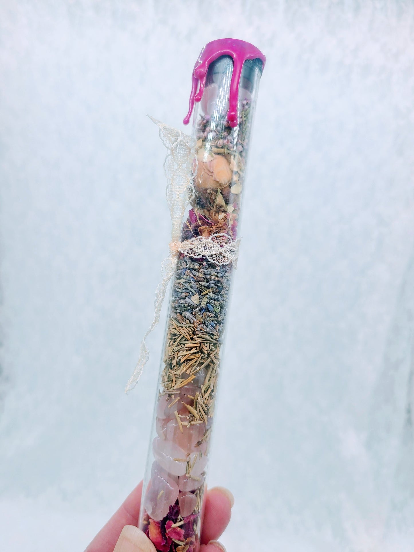 Love Attraction Witches Glass Tube Jars ~ Rose Petals, Jasmine, Lavender, Heather, Rose Quartz and MORE ~ Keep in Your Bedroom