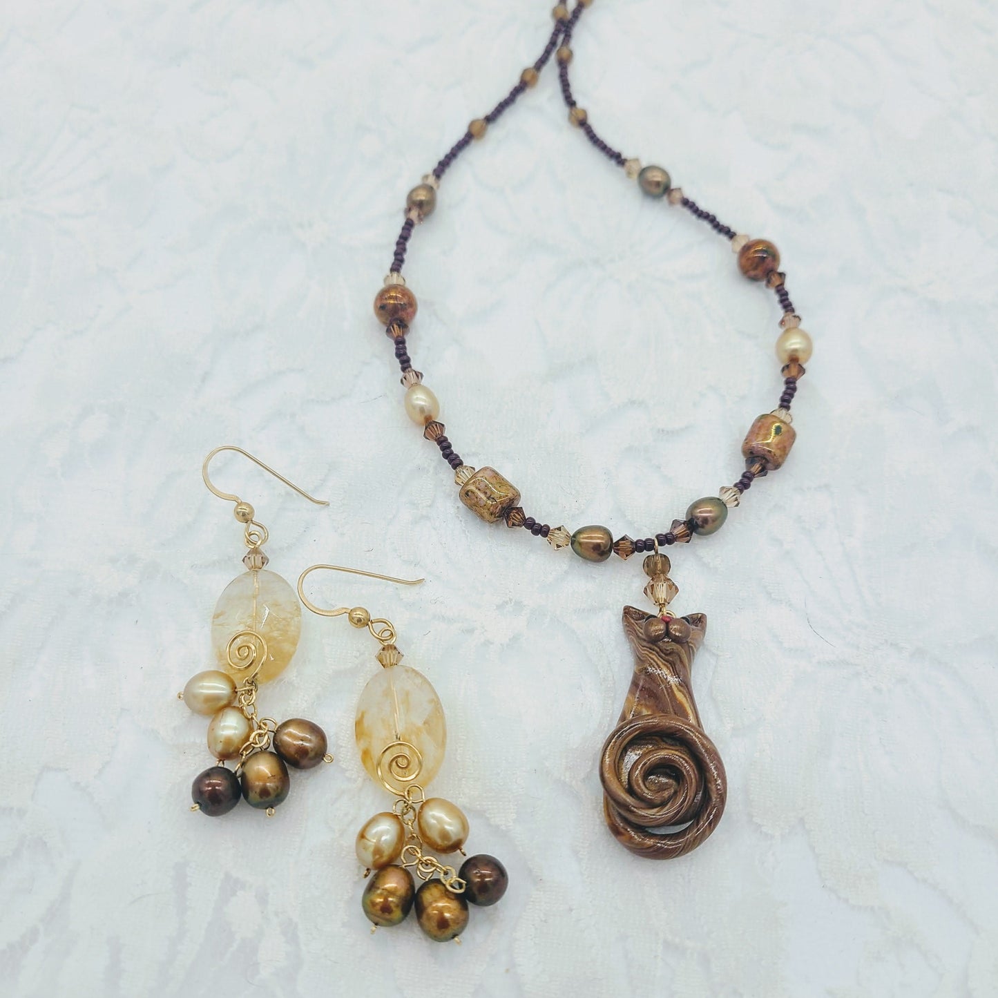 Jewelry Set Cat Necklace & Matching Earrings ~ Rutilated Quartz and Amber Aura Swarovski Faceted Crystal Beads w/Swarovski Pearls & 24kt Gold Accents ~ OOAK Jewelry SET