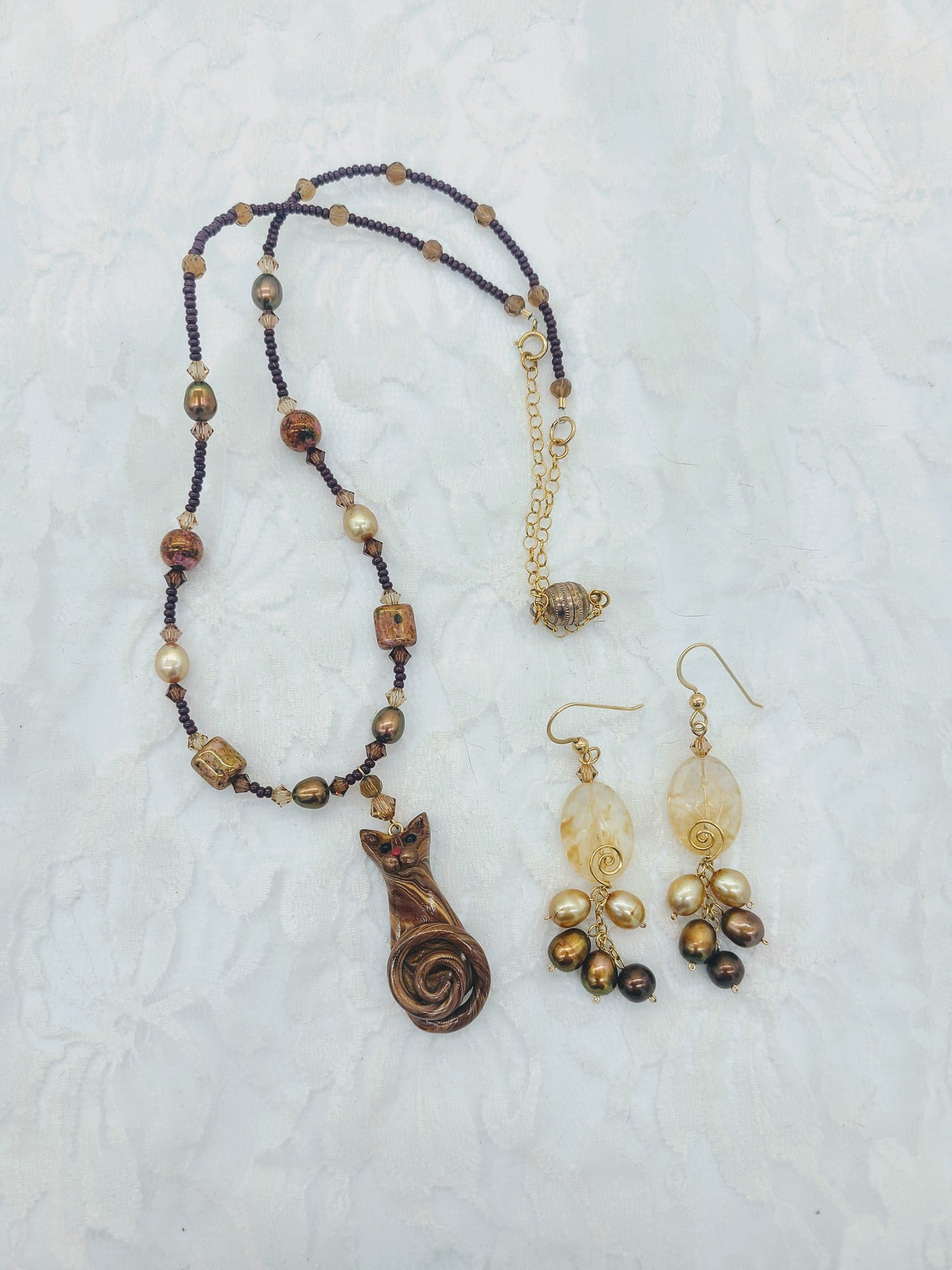 Jewelry Set Cat Necklace & Matching Earrings ~ Rutilated Quartz and Amber Aura Swarovski Faceted Crystal Beads w/Swarovski Pearls & 24kt Gold Accents ~ OOAK Jewelry SET