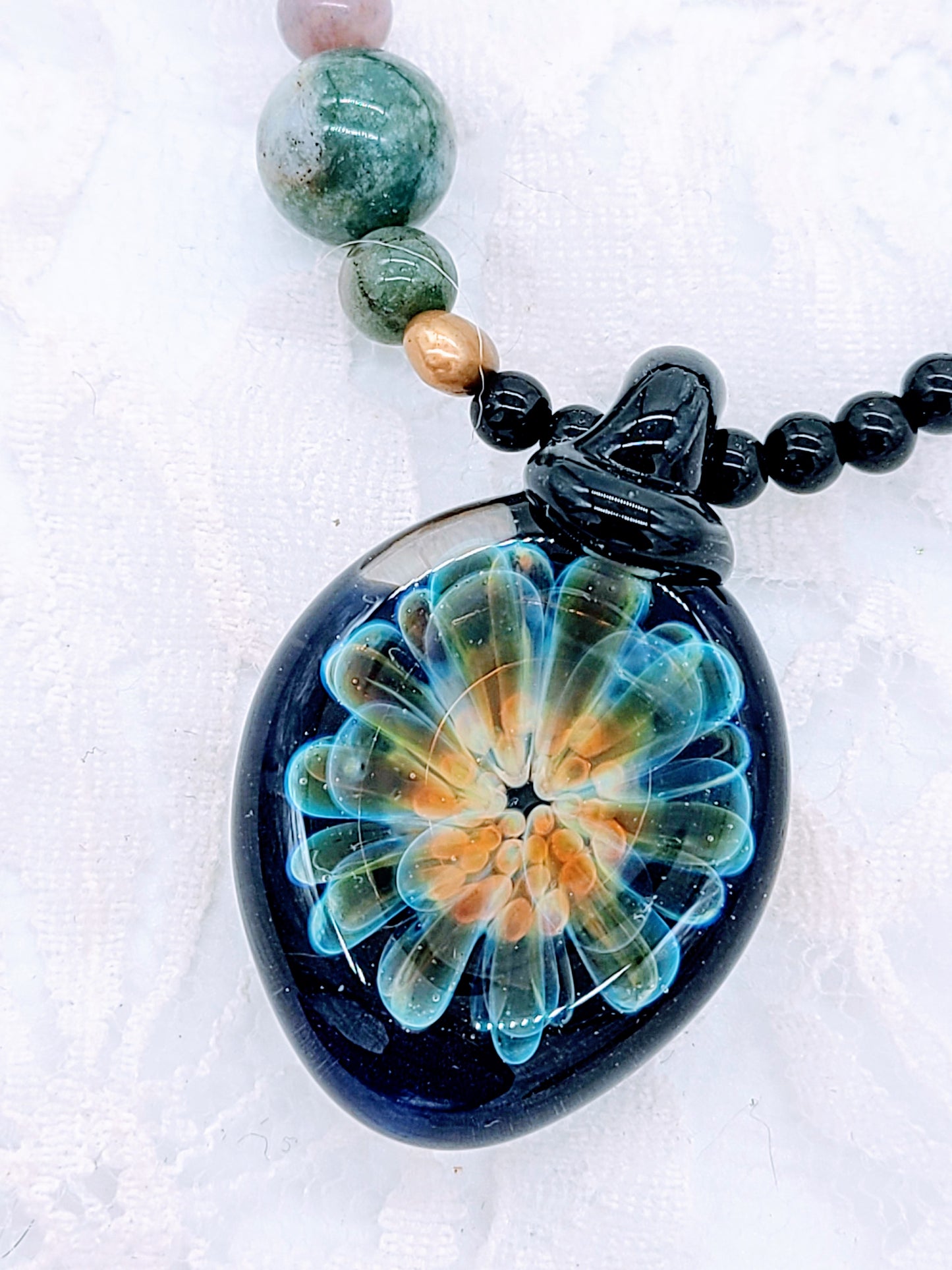 Agate Necklace with Blown Glass Lampwork OOAK Pendant ~ Handmade ~ Unique Jewelry ~ Earth Tones
