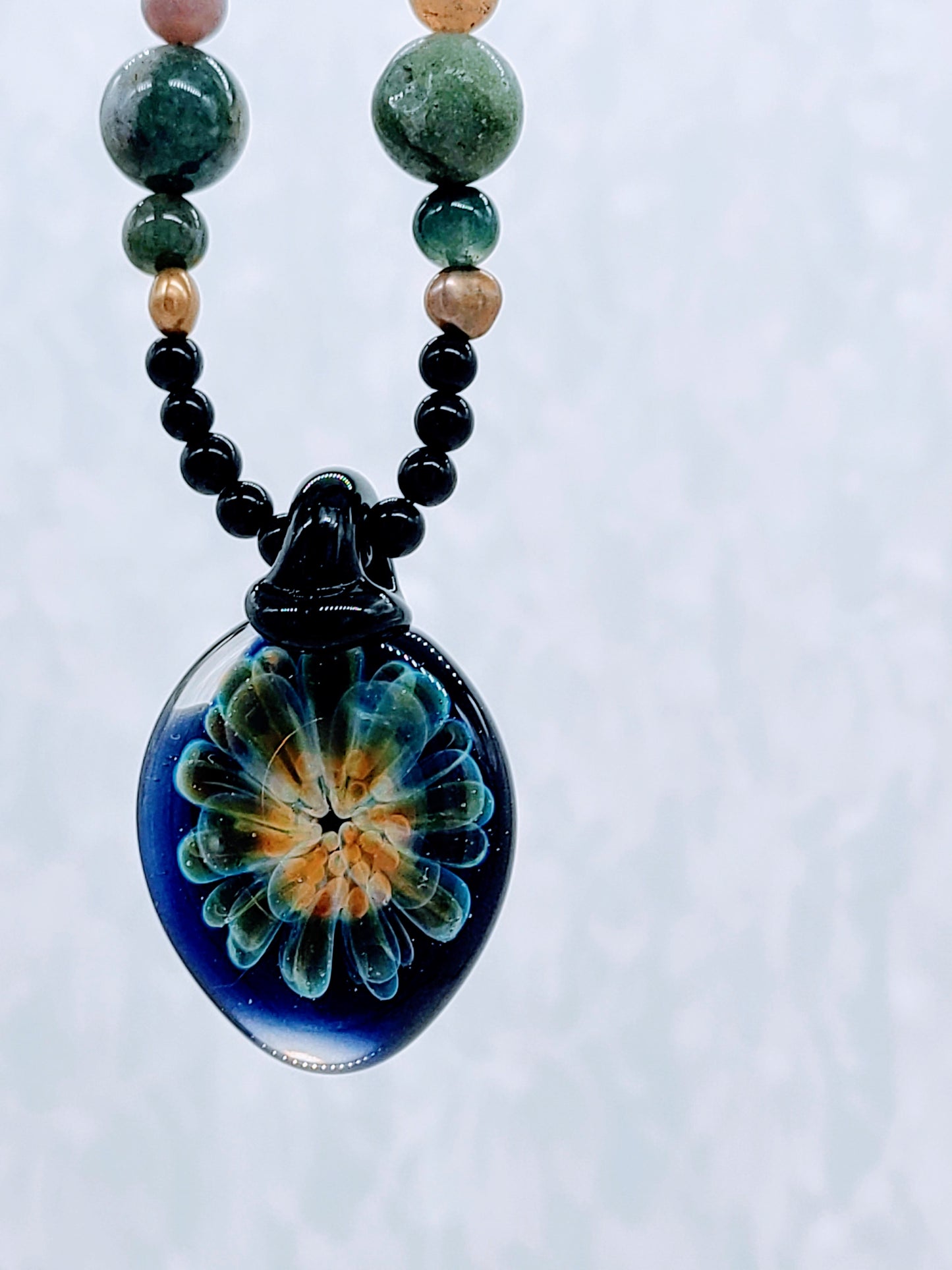 Agate Necklace with Blown Glass Lampwork OOAK Pendant ~ Handmade ~ Unique Jewelry ~ Earth Tones