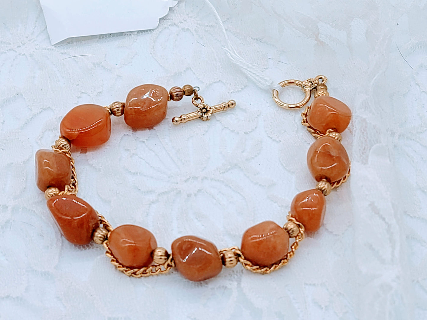 OOAK Bracelet Handmade Beaded Orange Carnelian Bracelet ~ Plus size 9.5" Authentic Gemstone and Gold Tone Accents Bracelet