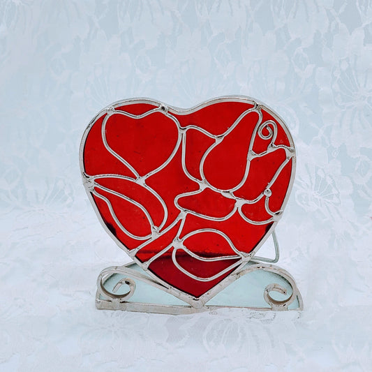 Heart Shaped ~ Vintage Stained Glass Candle Holder ~ OOAK Handmade ~ Valentines Day Love Gift