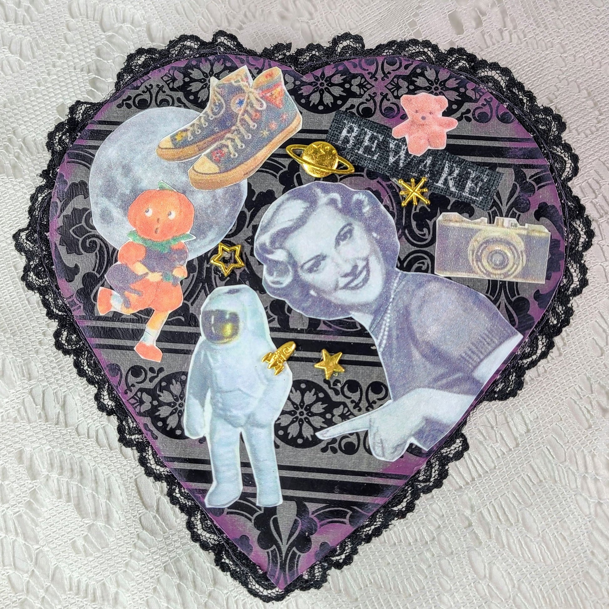 Unique Astronaut Wife Collage Mixed Media Heart Shaped Trinket Box ~ Love Magick ~ Filled with Goodies ~ OOAK Box plus Mini Love Candle, Spell Jar, Fairy Bell and Crystals ~ Valentine's Day Gift