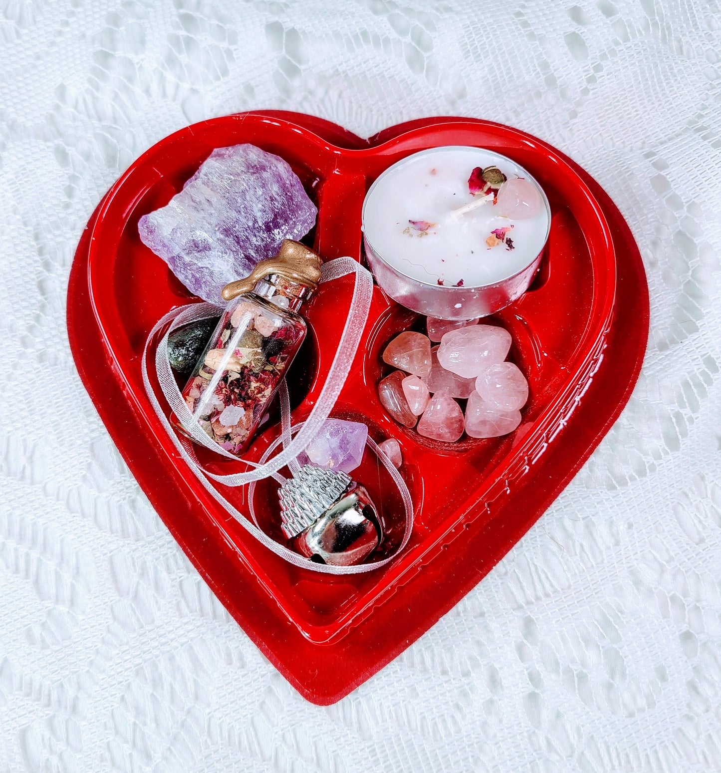 Unique Skull Moth Collage Mixed Media Heart Shaped Trinket Box ~ Love Magick ~ Filled with Goodies ~ OOAK Box plus Mini Love Candle, Spell Jar, Fairy Bell and Crystals ~ Valentine's Day Gift