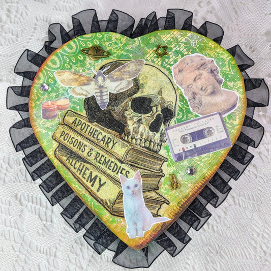 Unique Skull Moth Collage Mixed Media Heart Shaped Trinket Box ~ Love Magick ~ Filled with Goodies ~ OOAK Box plus Mini Love Candle, Spell Jar, Fairy Bell and Crystals ~ Valentine's Day Gift