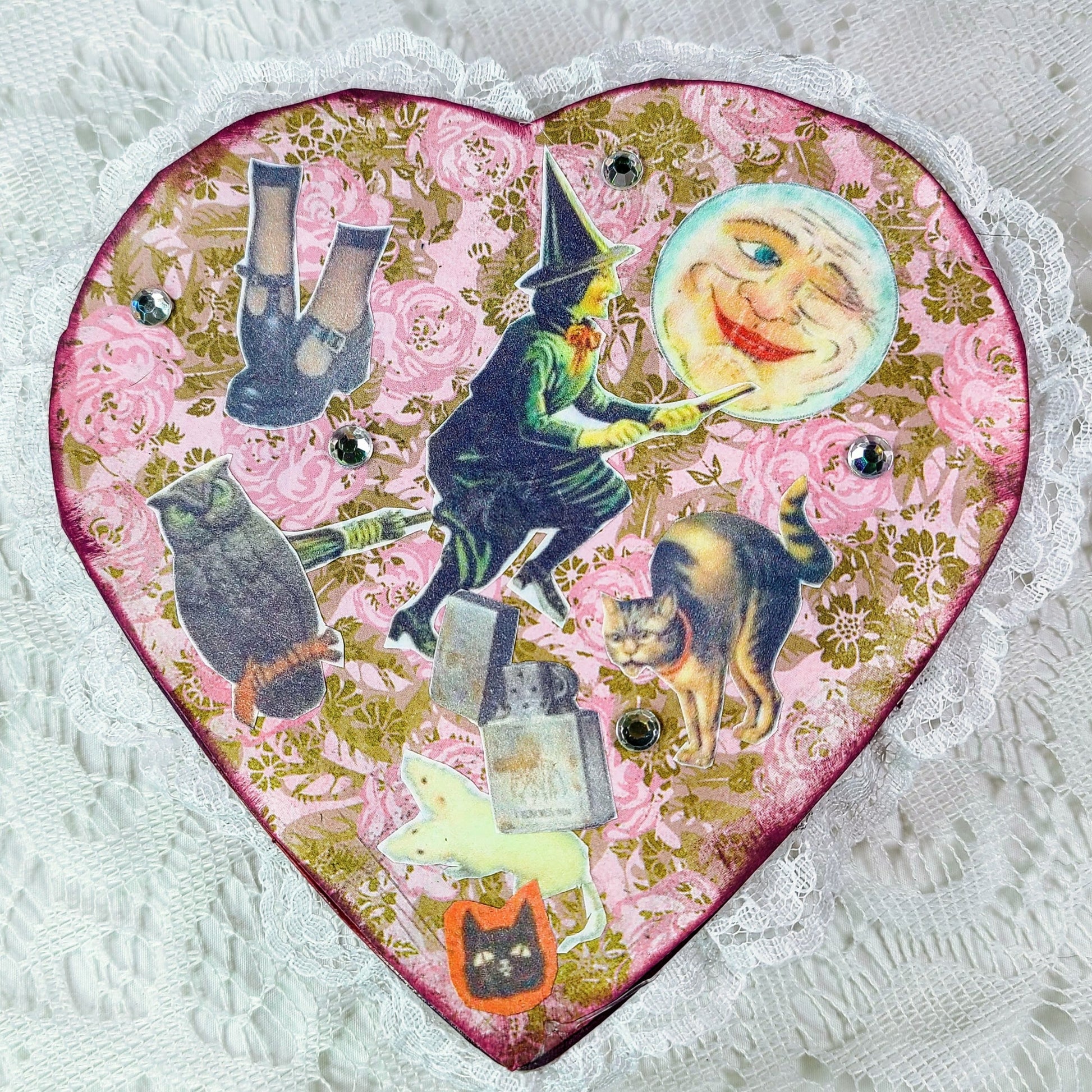 Unique Flying Moon Witch Collage Mixed Media Heart Shaped Trinket Box ~ Love Magick ~ Filled with Goodies ~ OOAK Box plus Mini Love Candle, Spell Jar, Fairy Bell and Crystals ~ Valentine's Day Gift