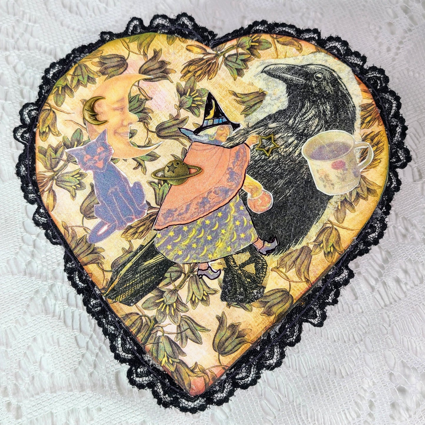 Unique Raven Witch Collage Mixed Media Heart Shaped Trinket Box ~ Love Magick ~ Filled with Goodies ~ OOAK Box plus Mini Love Candle, Spell Jar, Fairy Bell and Crystals ~ Valentine's Day Gift