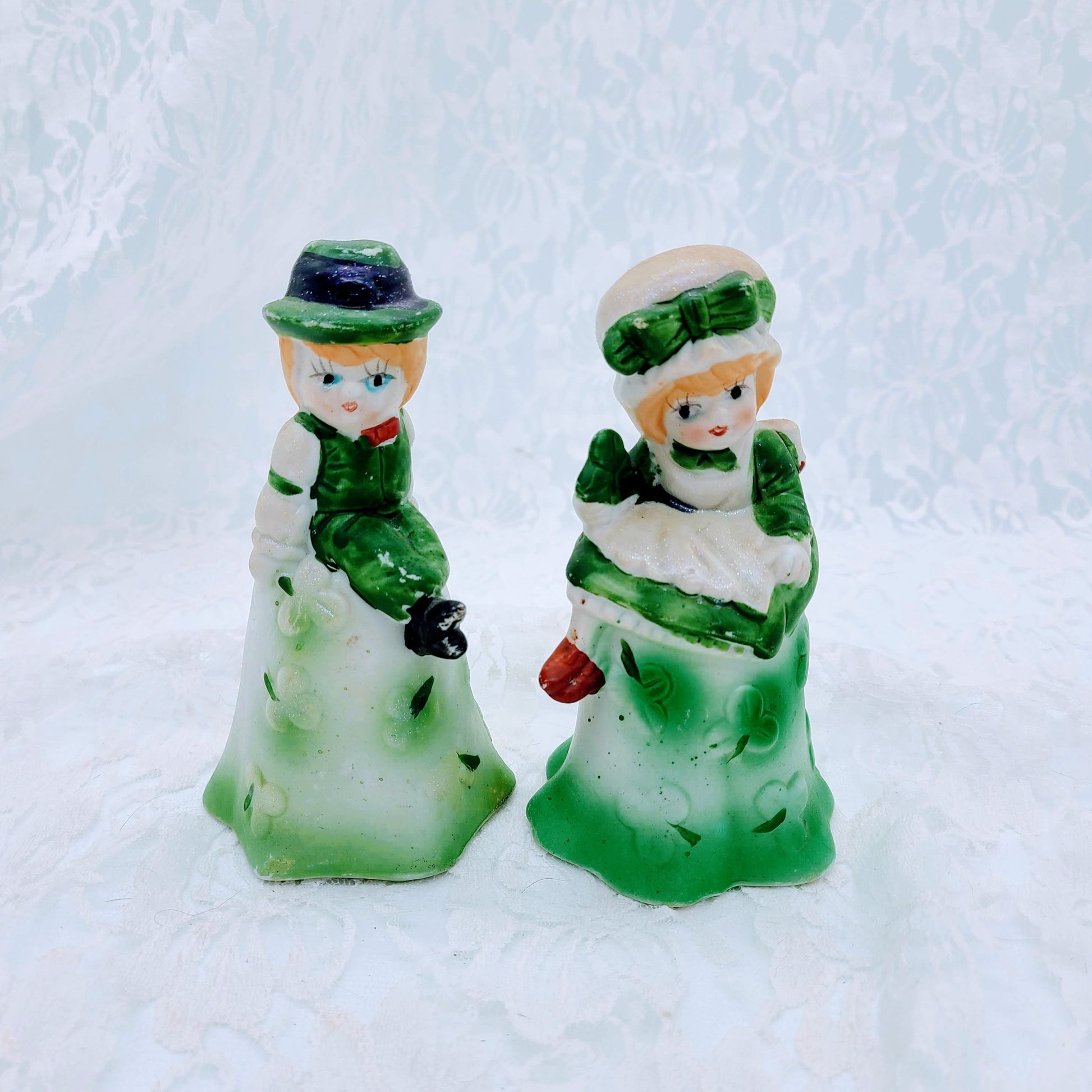 St Patrick's Day Bell Bells ~ Lot of 2 ~ Irish Shamrock Girl Boy Vintage Ceramic Bisque Taiwan ~ Bisque Bell ~ Adorable 1970s