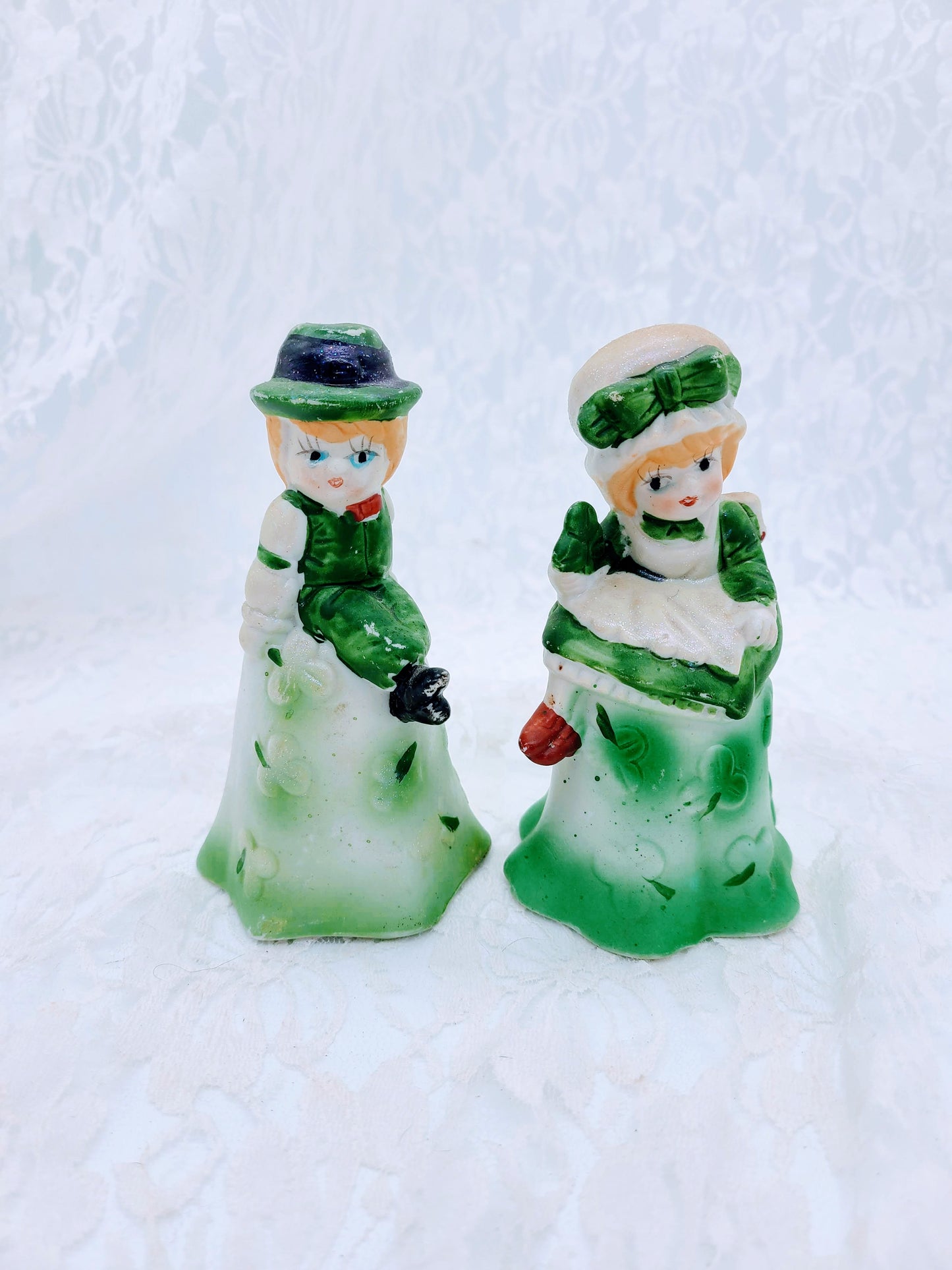 St Patrick's Day Bell Bells ~ Lot of 2 ~ Irish Shamrock Girl Boy Vintage Ceramic Bisque Taiwan ~ Bisque Bell ~ Adorable 1970s