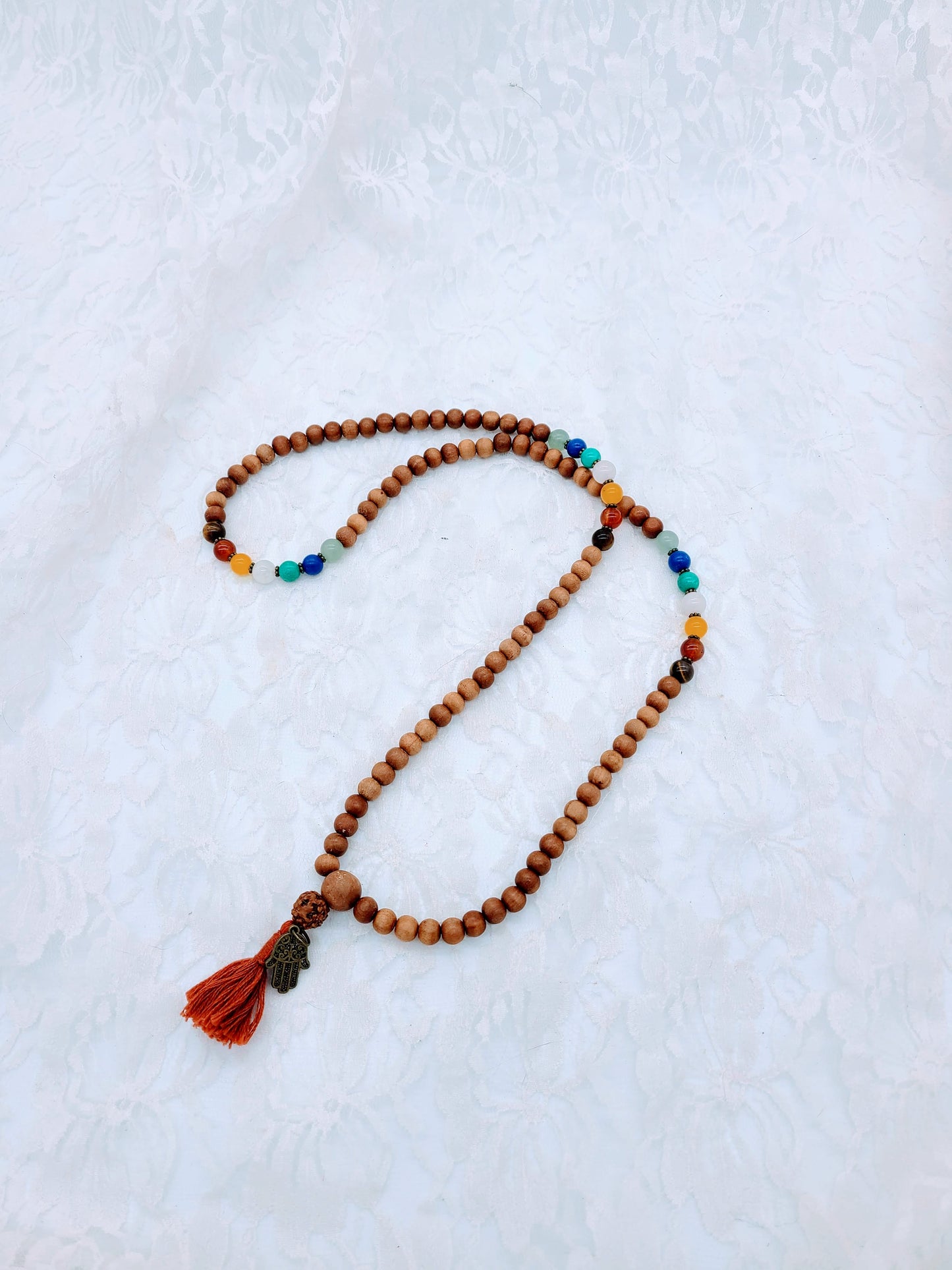 Handmade Sandalwood Beads with Natural Gemstone Mala Tassel Necklace ~ Chakra ~ Beautiful Handmade OOAK ~ Earth Energy