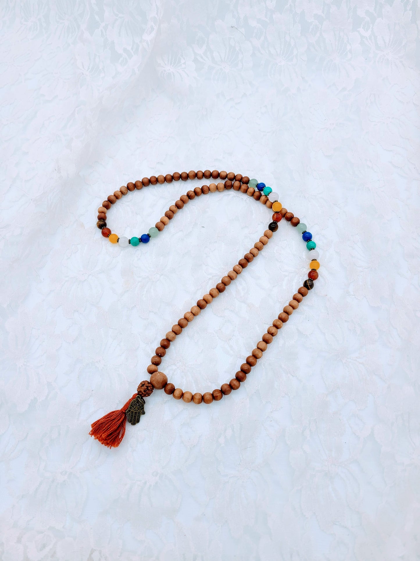 Handmade Sandalwood Beads with Natural Gemstone Mala Tassel Necklace ~ Chakra ~ Beautiful Handmade OOAK ~ Earth Energy