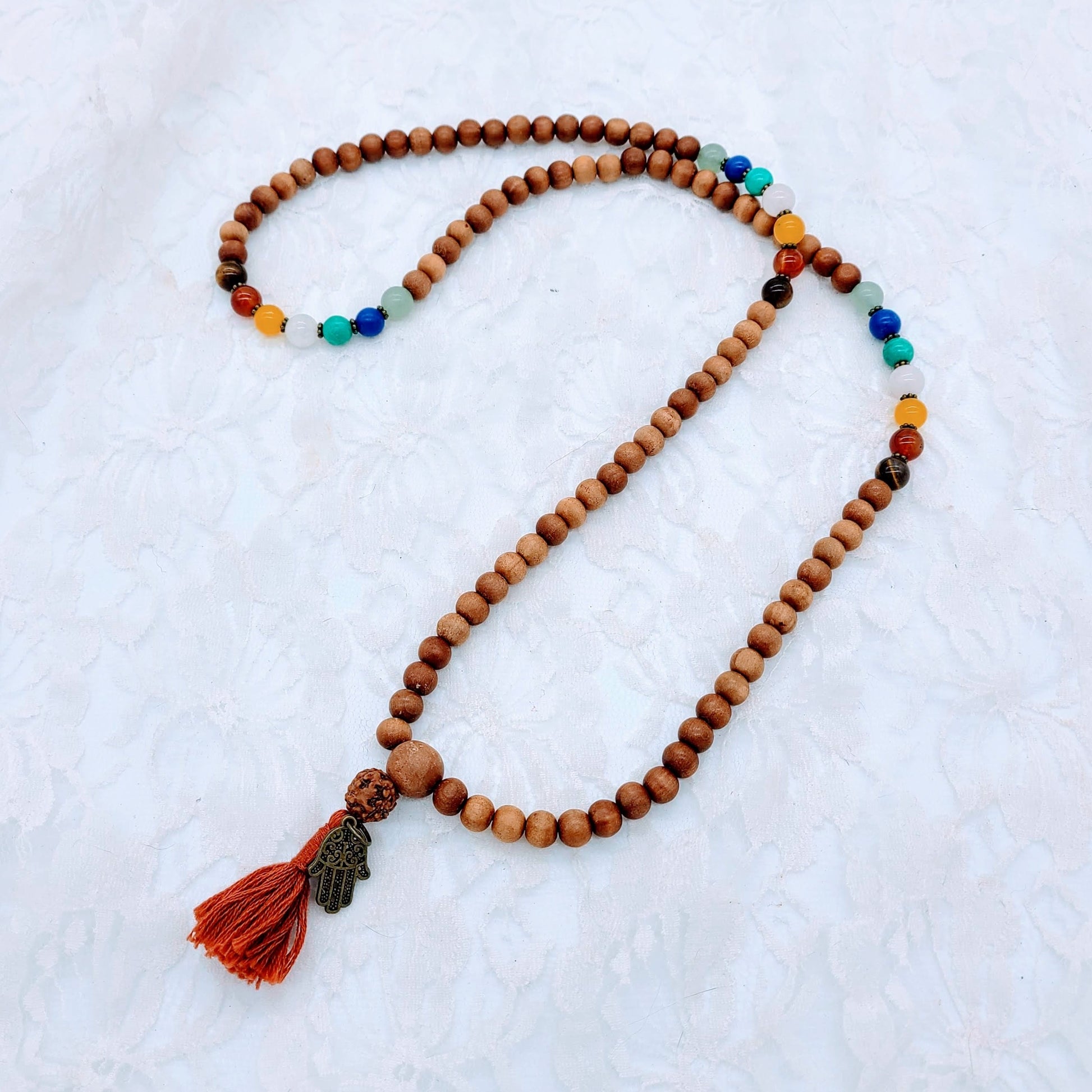 Handmade Wood Beads with Natural Gemstone Mala Tassel Necklace ~ Chakra ~ Beautiful Handmade OOAK ~ Earth Energy