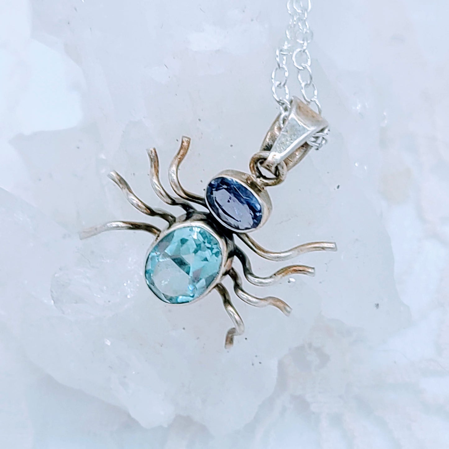 Wicked Weaver Spider Necklace ~ OOAK Artist Made Aquamarine and Amethyst Sterling Sterling Silver Necklace ~ 925 Sterling ~ On 17" Chain