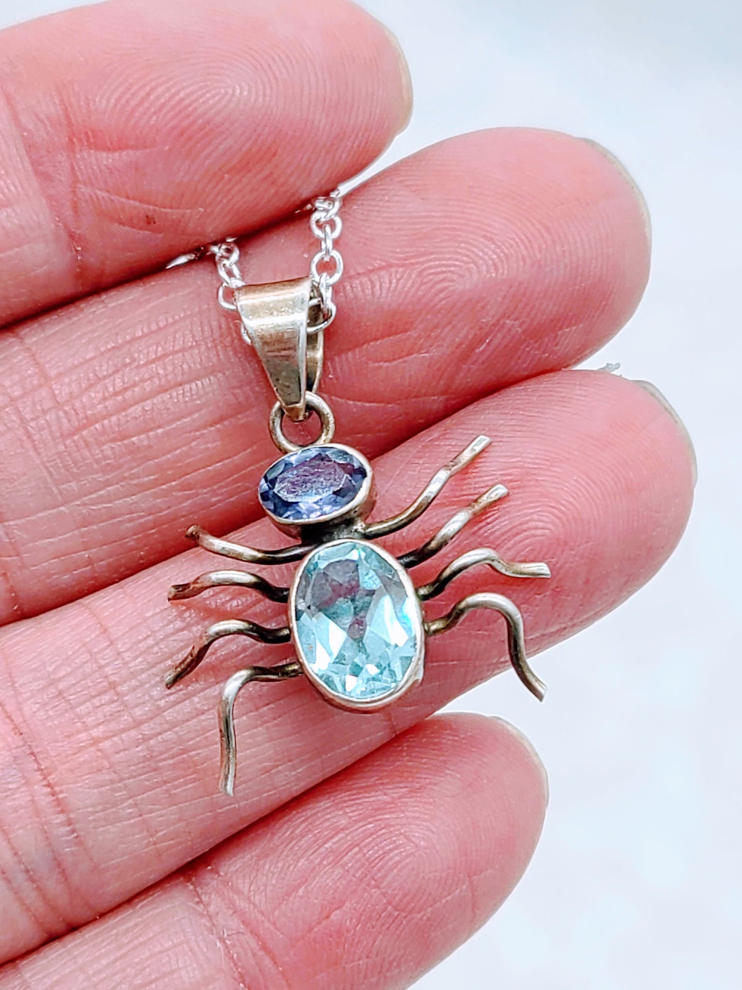 Wicked Weaver Spider Necklace ~ OOAK Artist Made Aquamarine and Amethyst Sterling Sterling Silver Necklace ~ 925 Sterling ~ On 17" Chain