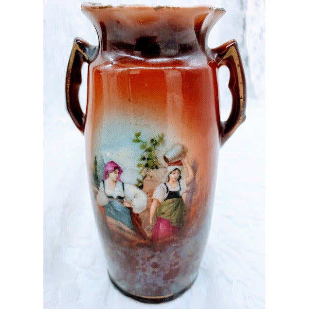 Set of 2 Vintage 1920s Vases with Handles ~ Bohemian Hand-Painted Art ~ Collectible Vases ~ Made in Czechoslovakia ~ 5.5" Tall