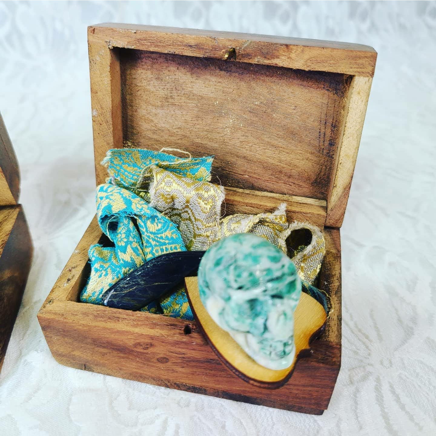 Wooden Manifestation Box with Brass Crescent Moon Filled with Goodies ~ Crystal Skull, Blue Tigers Eye, Silk Sari, Planchette ~ Witches Gift~ Altar Box ~ Spell Box