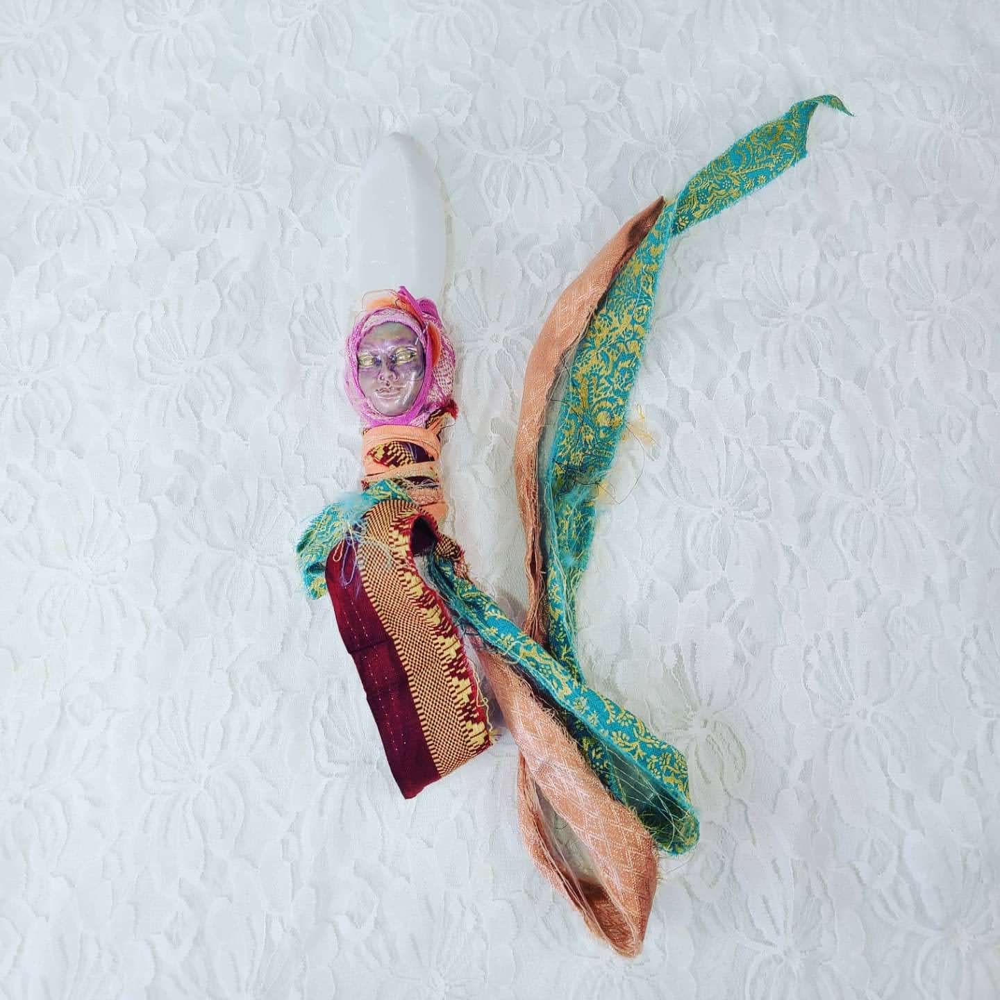 Peach Goddess Selenite Athame Handmade Clay Goddess Face Recycled Silk Sari 9" Blade Altar Piece Witchy Things