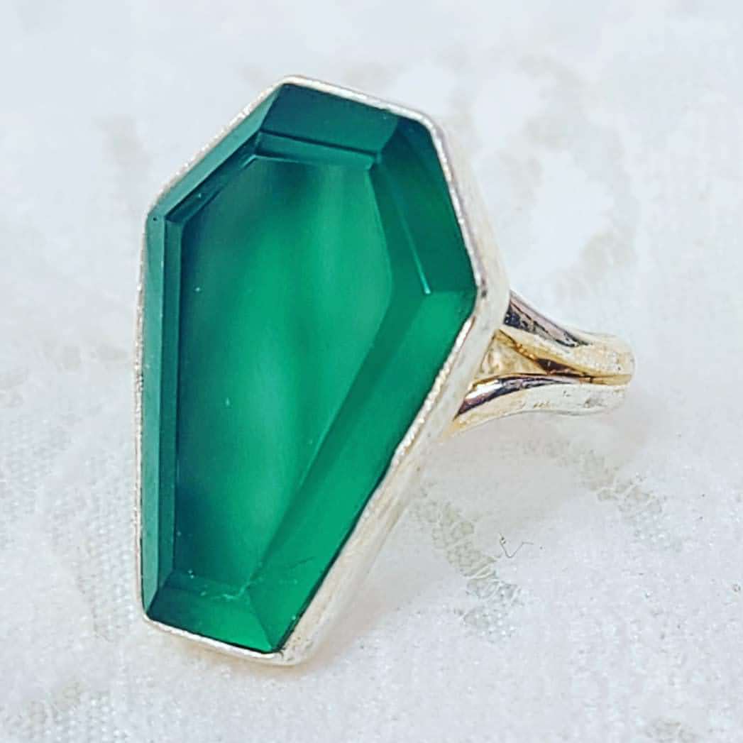 Green Onyx Coffin Ring 925 Size 7 Solid Sterling Silver Spooky Gothic Style Ring Crystal Healing Energy