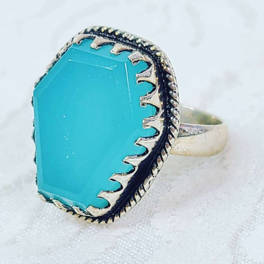 Blue Chalcedony Coffin Ring 925 Size 7.5 Solid Sterling Silver Boho Bali Style Ring ~ Crystal Healing Energy