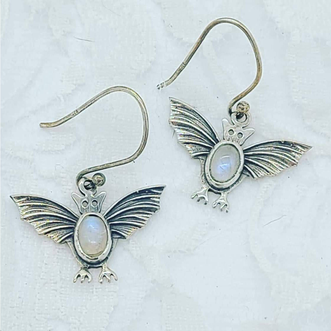 Authentic Moonstone and Sterling Silver BAT Earrings ~ Marked 925 ~ Sterling Ear Wires
