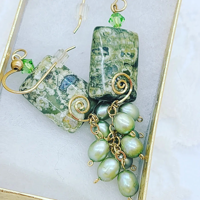 Handmade Earrings ~ Rainforest Jasper with Pearls and Czech Glass Beads with GOLD Accents