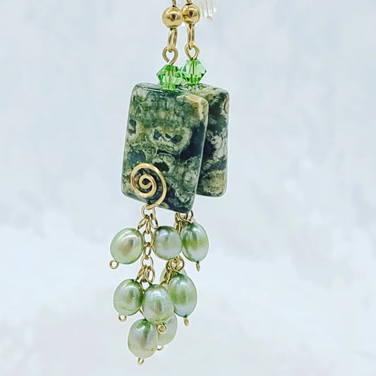 Handmade Earrings ~ Rainforest Jasper with Pearls and Czech Glass Beads with GOLD Accents