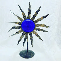 Beautiful Moon Sun Face Candle Holder ~ Brass Bronze  ~ Altar Piece ~ Cobalt Blue Embossed Face