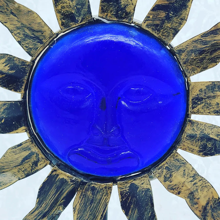 Beautiful Moon Sun Face Candle Holder ~ Brass Bronze  ~ Altar Piece ~ Cobalt Blue Embossed Face