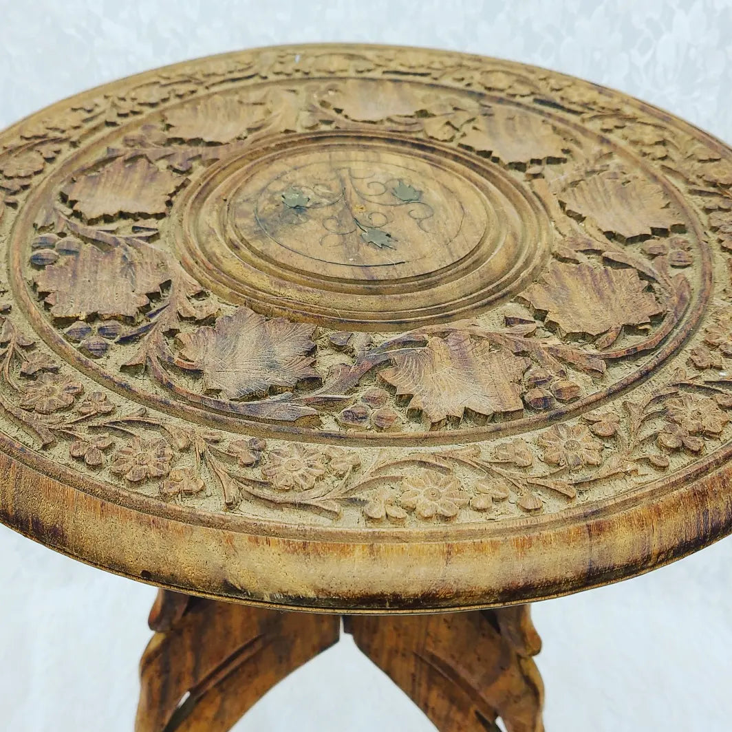 Antique Altar Table Hand Carved Sheesham Wood Triple Leg Table India Handmade Folds Up