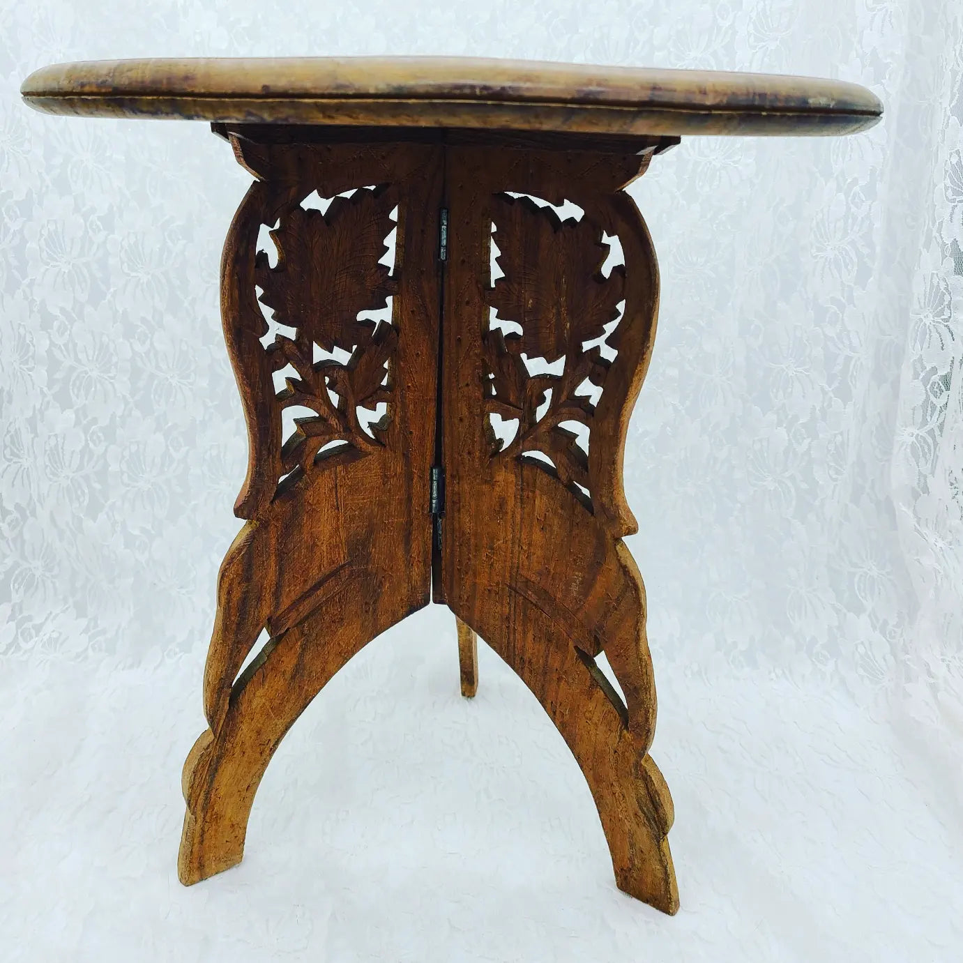 Antique Altar Table Hand Carved Sheesham Wood Triple Leg Table India Handmade Folds Up